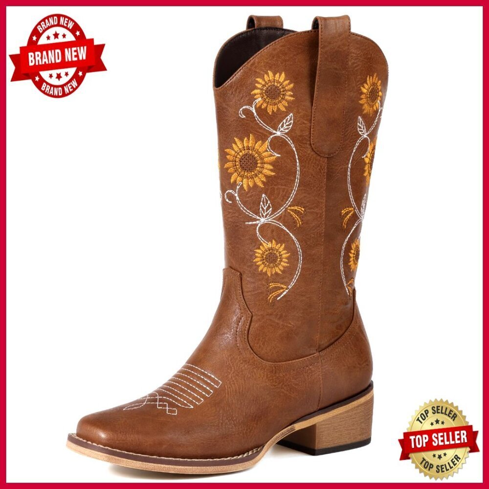 Mid Calf Western Cowgirl Boots Floral Embroidery Square Toe Retro Design